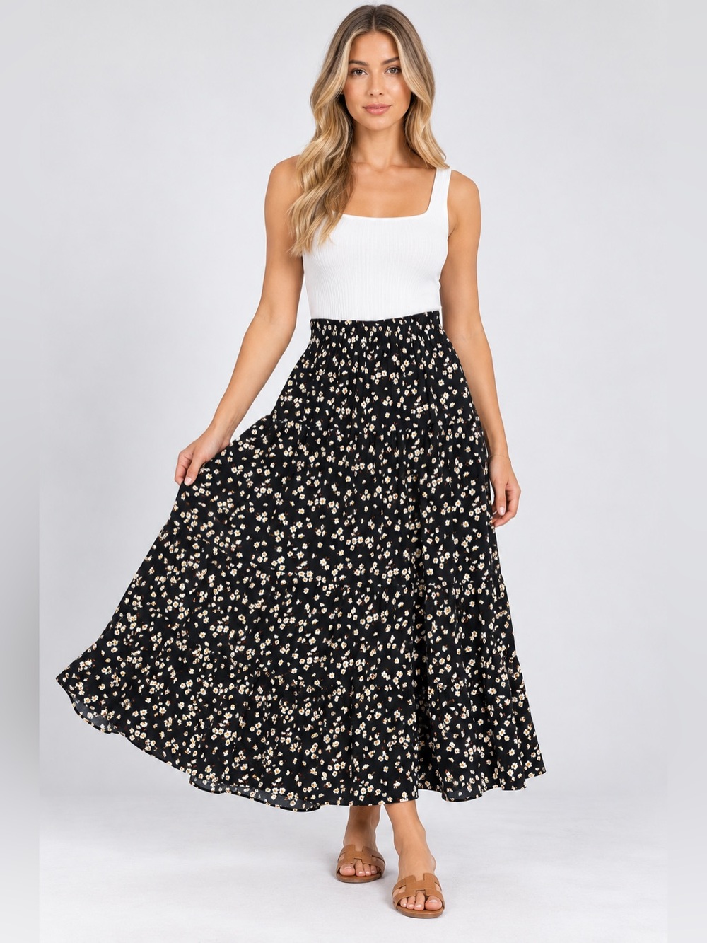 Carly Jean Los Angeles CJLA Daisy Floral Tiered Maxi Skirt XL Black Cottagecore